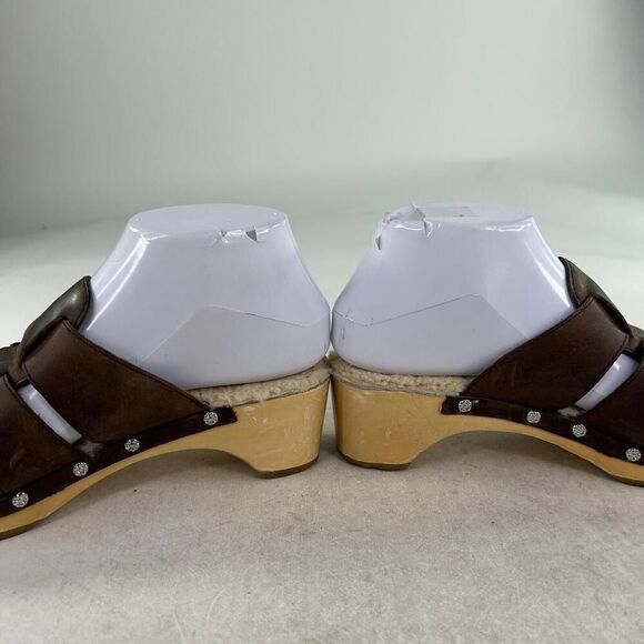 Ugg Australia Ore Fisherman Clogs US 7 Brown Leather Sherpa Lined Wooden Mules - Picture 7 of 11